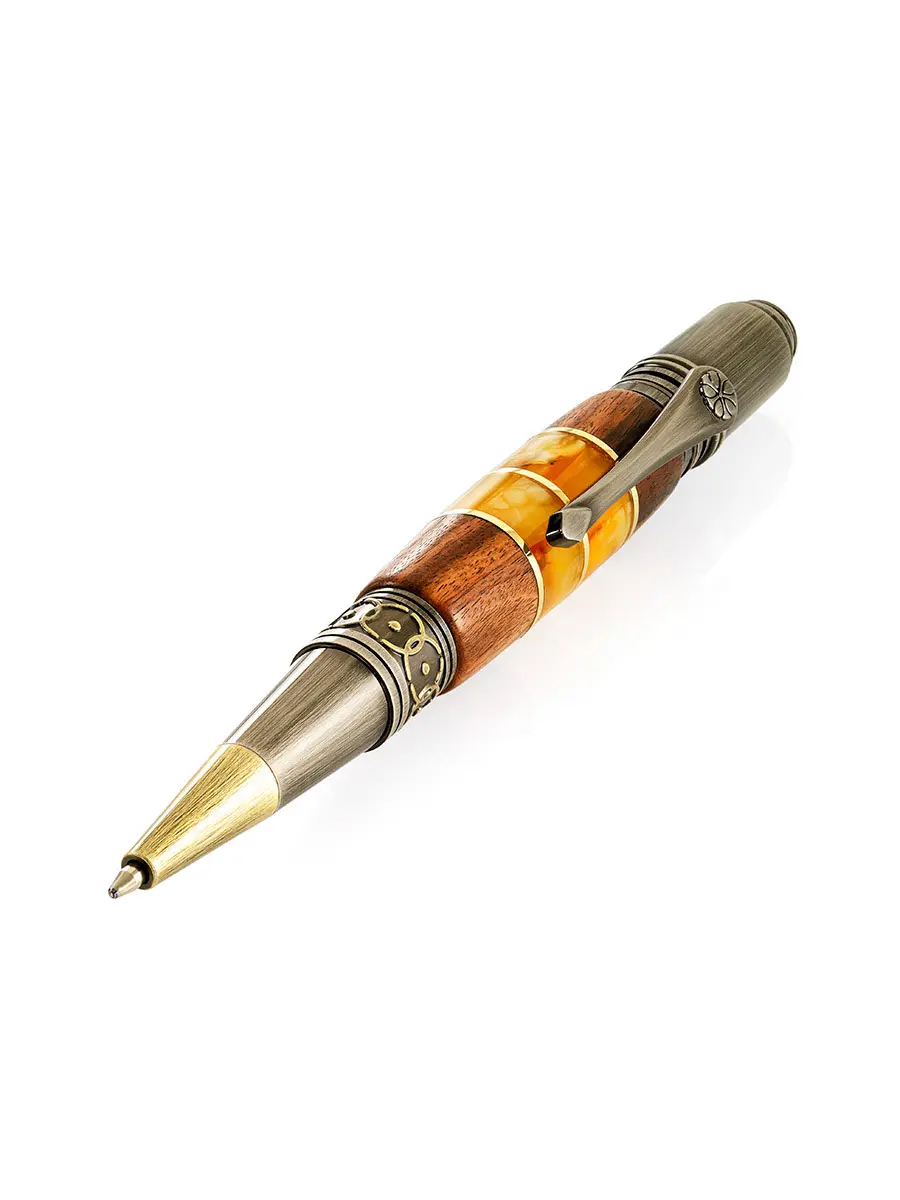 картинка Шариковая ручка из дерева с янтарем в латуни  в онлайн магазине