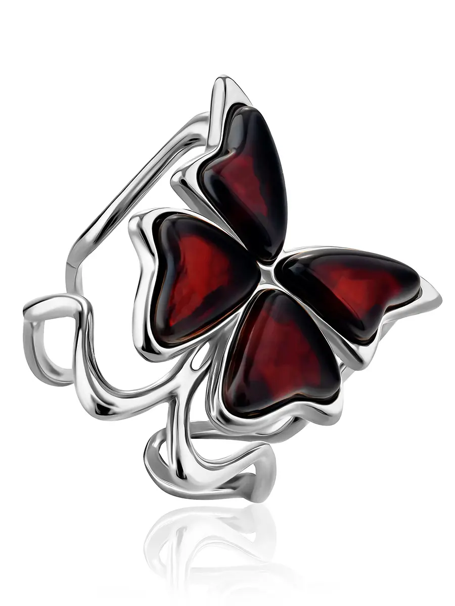 картинка Крупное эффектное кольцо «Апрель» из серебра и натурального янтаря вишнёвого цвета в онлайн магазине
