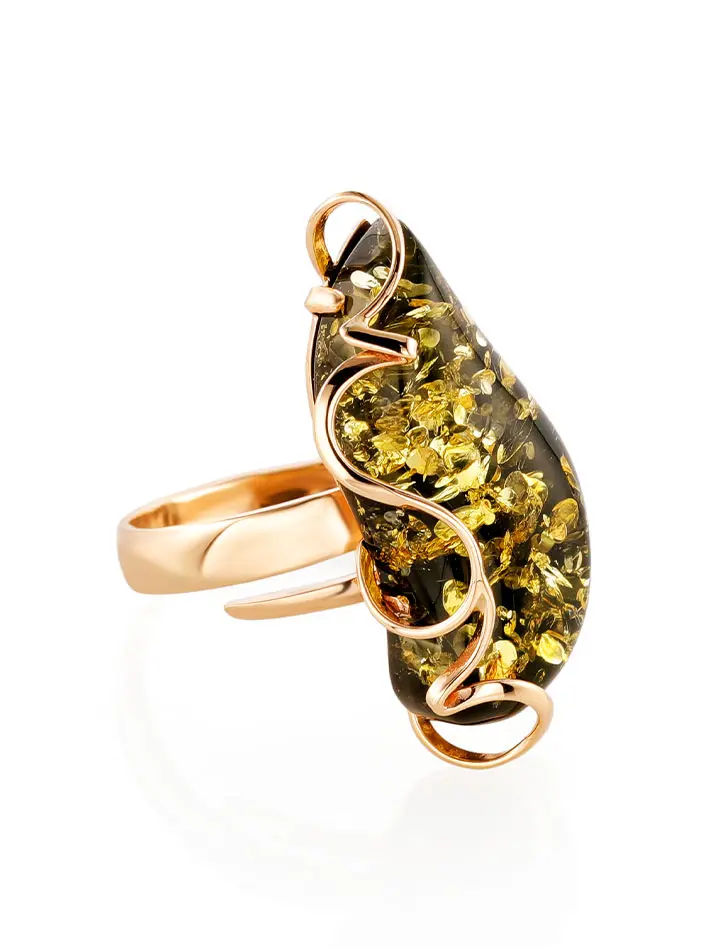картинка Роскошное золотое кольцо с зелёным янтарём «Риальто» в онлайн магазине