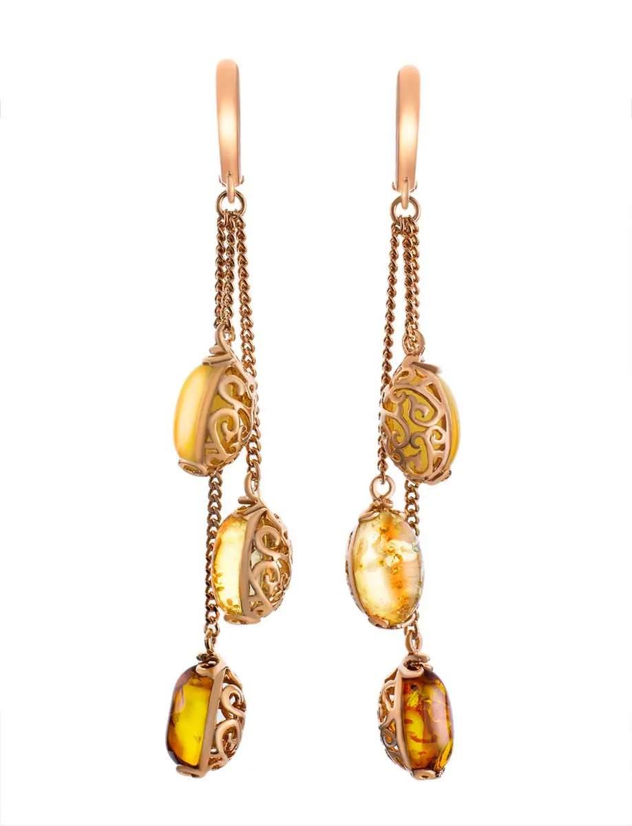 картинка Изящные позолоченные серьги «Касабланка» с натуральным янтарём в онлайн магазине