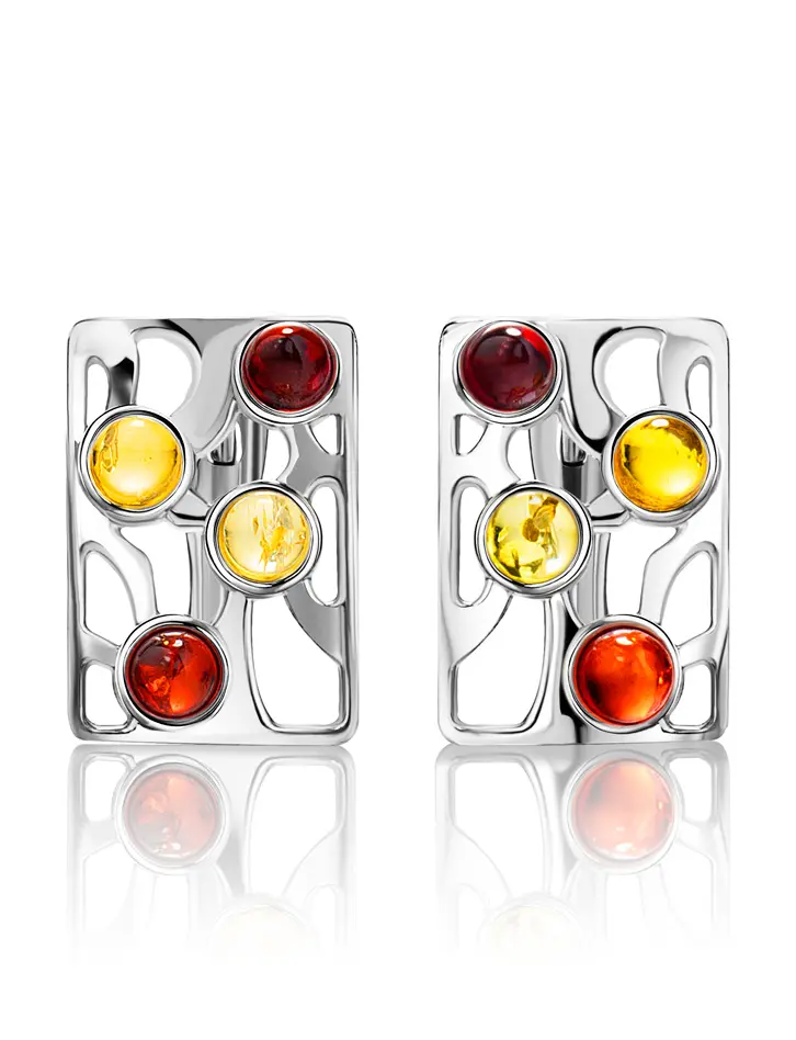 картинка Небольшие серьги «Лимбо» из серебра и натурального янтаря разных цветов в онлайн магазине