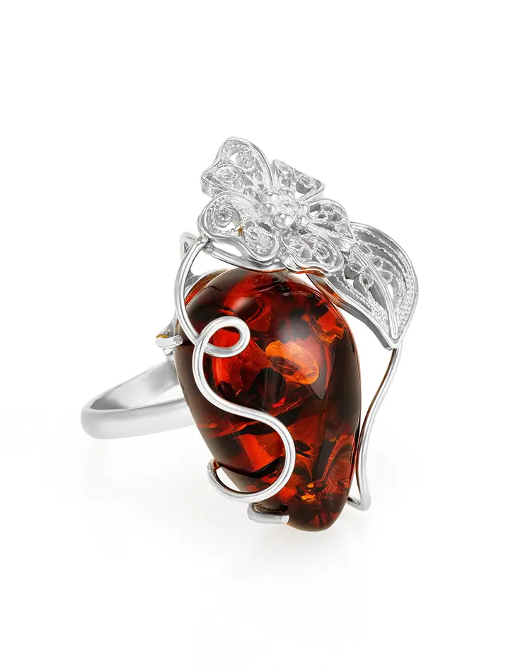 картинка Серебряное кольцо с натуральным янтарем красивого вишневого цвета «Филигрань» в онлайн магазине