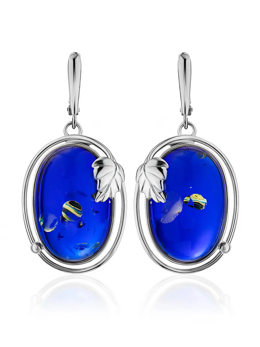 картинка Эффектные серьги «Элегия» с натуральным янтарём синего цвета в онлайн магазине