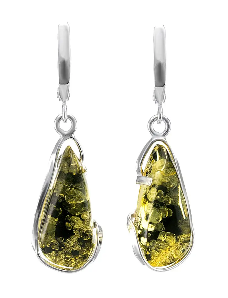 картинка Нарядные серебряные серьги с натуральным янтарем насыщенного зеленого цвета «Лагуна» в онлайн магазине