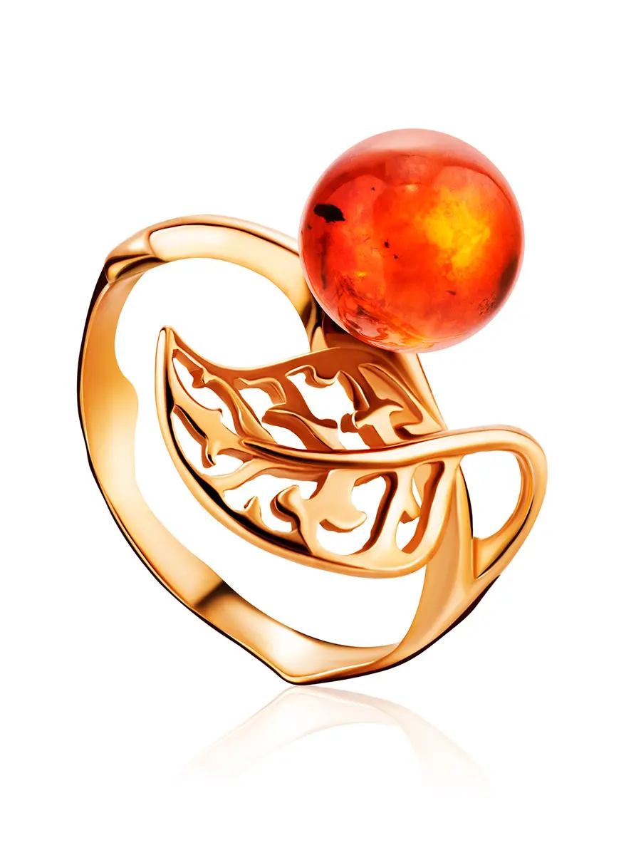 картинка Ажурное кольцо из золочёного серебра с натуральным янтарём «Флорина» в онлайн магазине