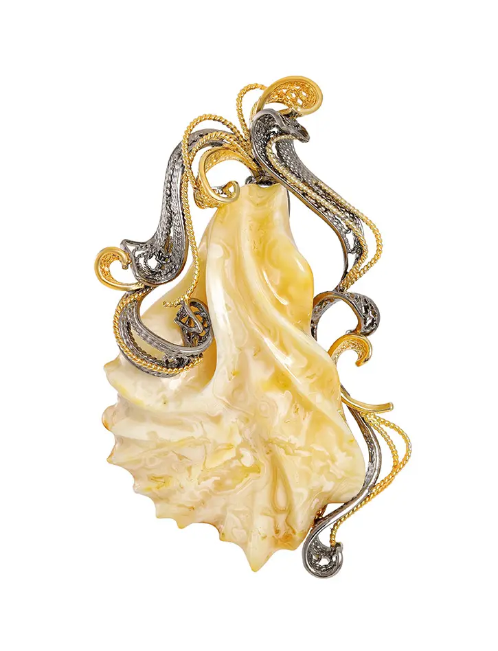 картинка Роскошная серебряная брошь с цельным пейзажным янтарём «Филигрань» в онлайн магазине