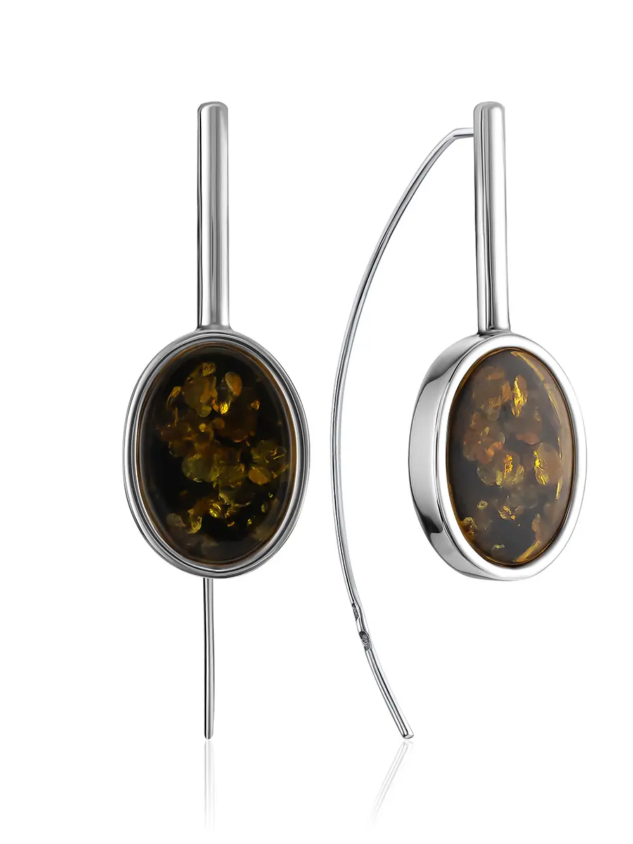 картинка Эффектные серьги-крючки со вставкой из зелёного янтаря «Бенефис» в онлайн магазине