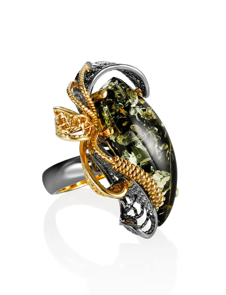 картинка Изысканное кольцо из натурального янтаря в серебре с позолотой «Филигрань» в онлайн магазине