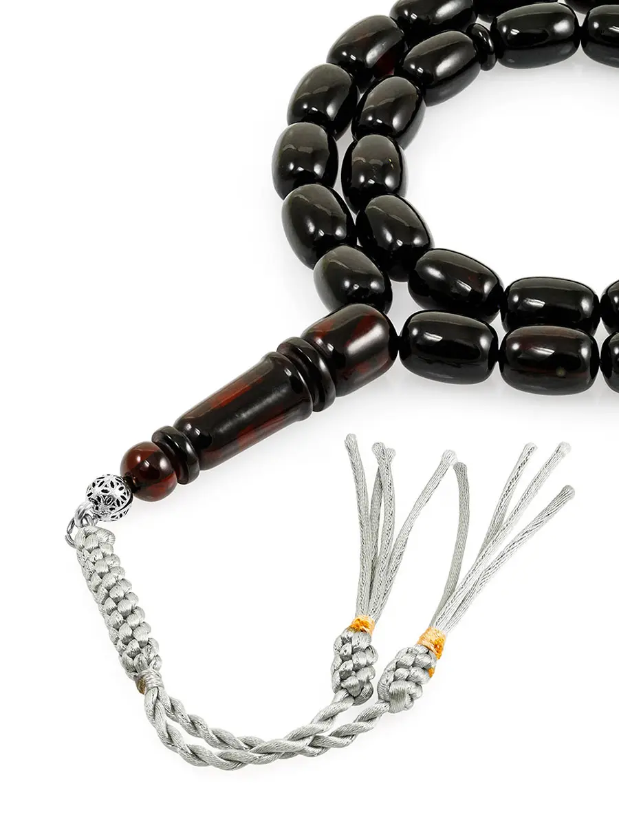 картинка Эффектные четки на 33 бусины-бочонка из формованного тёмно-вишнёвого янтаря в онлайн магазине