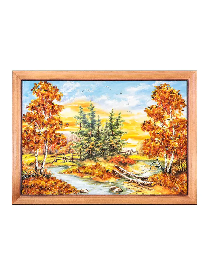 картинка Картина с лесным пейзажем «Рощица», украшенная янтарём 23 (В) х 32 (Ш) в онлайн магазине