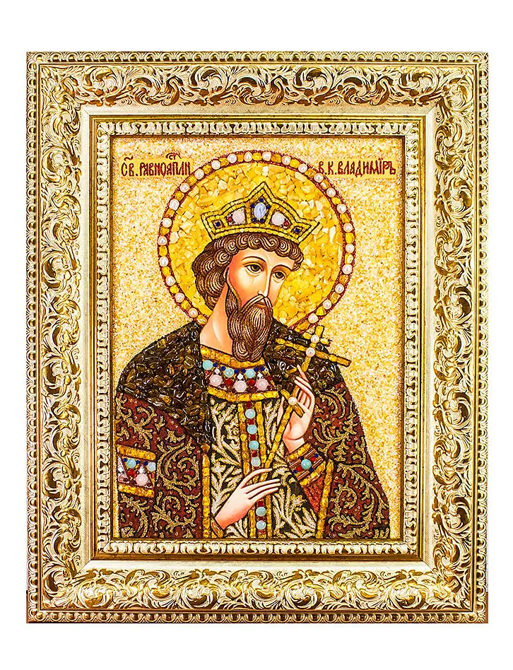 картинка Икона из янтаря с жемчугом и самоцветами «Святой равноапостольный великий князь Владимир» в онлайн магазине