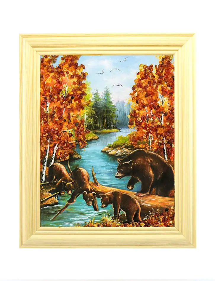 картинка Яркая картинка с натуральным балтийским янтарём «Медведи» 17 см (В) х 15 см (Ш) в онлайн магазине