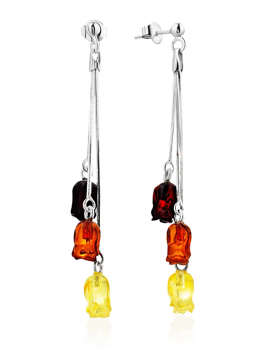 картинка Легкие нарядные серьги из янтаря на замочках-гвоздиках «Колокольчики трехцветные на цепочке» в онлайн магазине