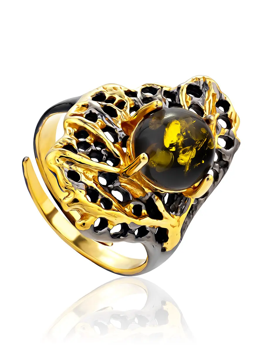 картинка Яркое необычное кольцо, украшенное зелёным янтарём «Гинко» в онлайн магазине
