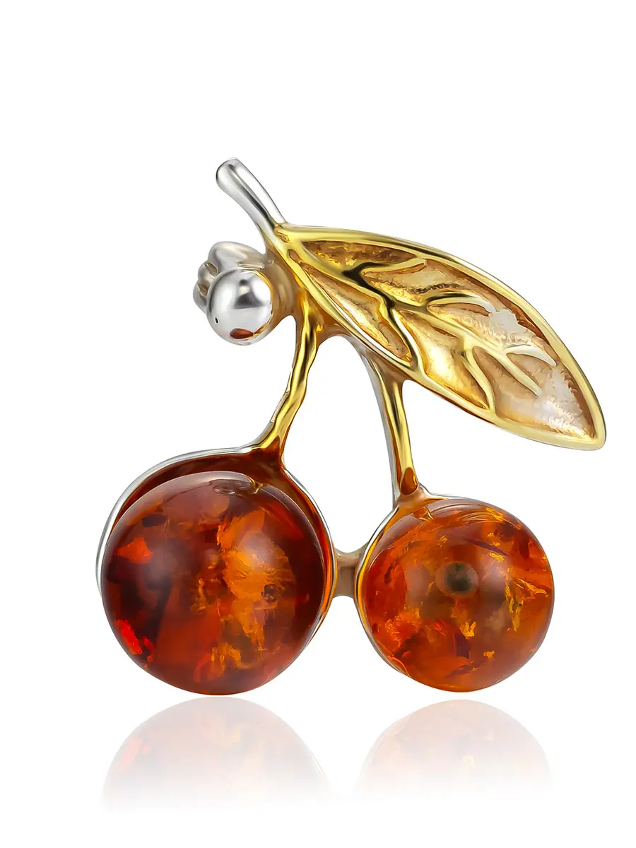 картинка Миниатюрная брошь «Вишенка» с натуральным коньячным янтарём в онлайн магазине
