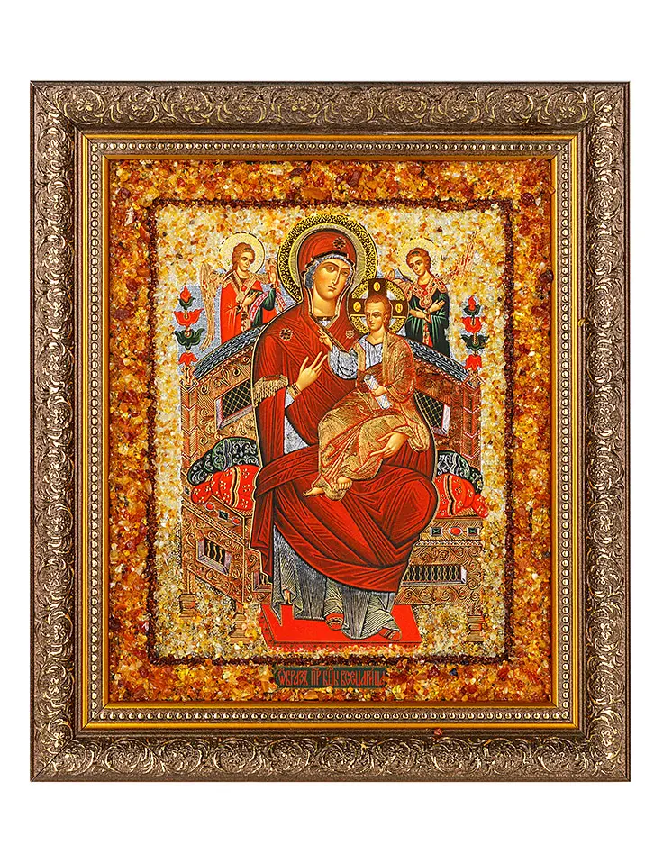 картинка Икона Божией Матери, украшенная натуральным янтарём «Всецарица» в онлайн магазине