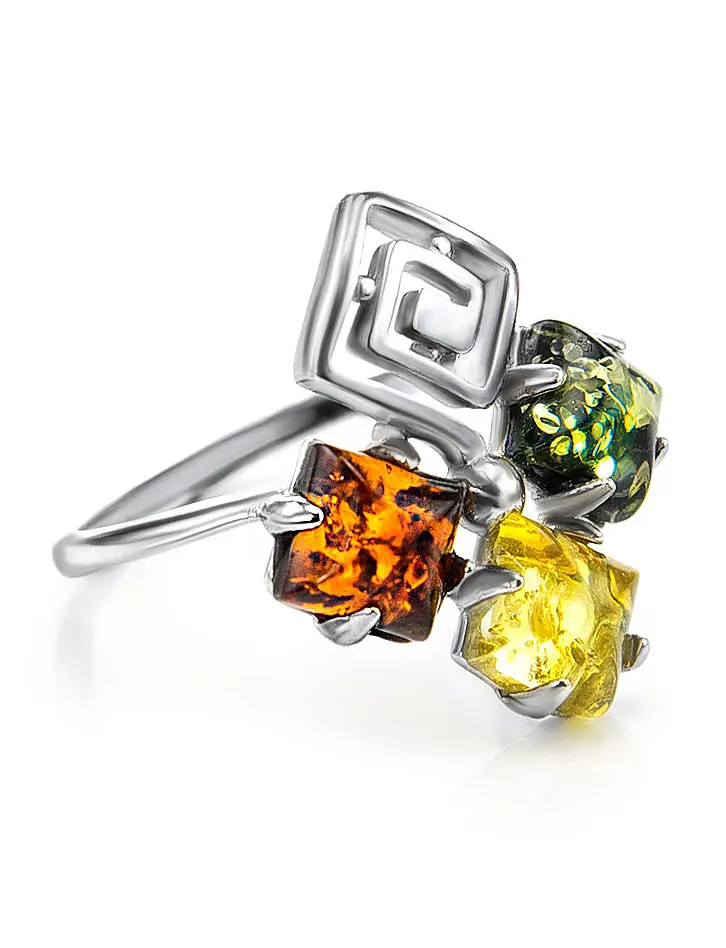 картинка Яркое стильное кольцо «Вернисаж» с янтарём трёх цветов в онлайн магазине