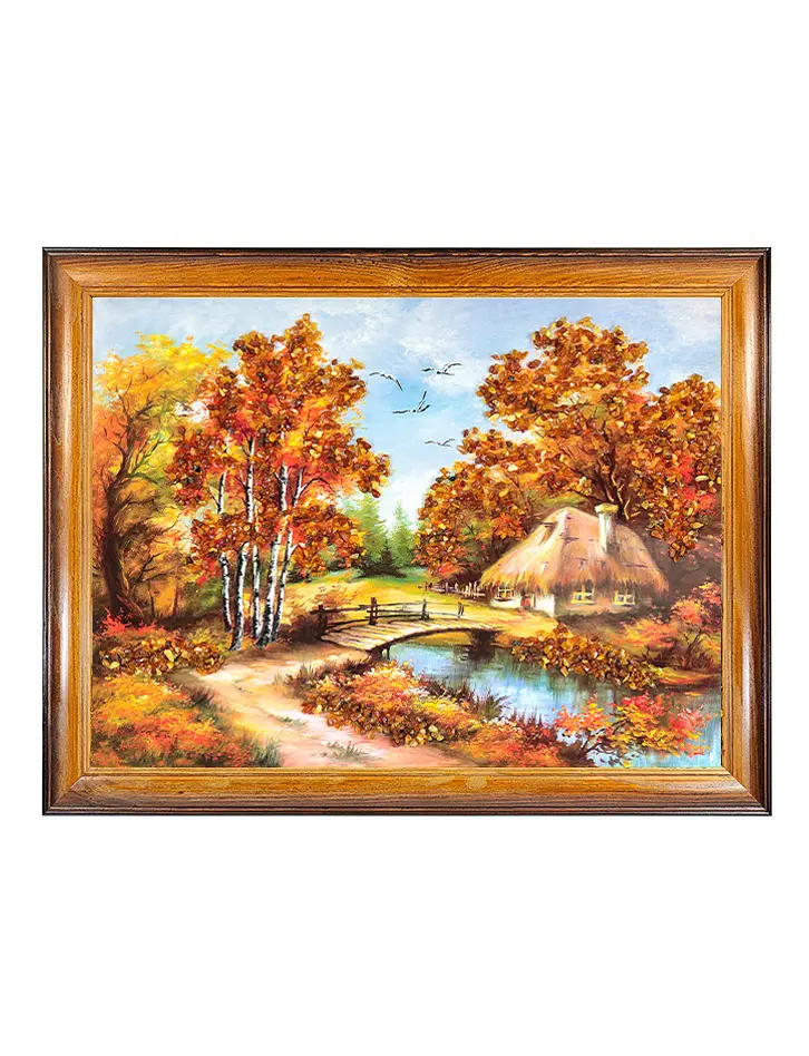 картинка Горизонтальное панно с натуральным янтарем «Домик у реки» в онлайн магазине