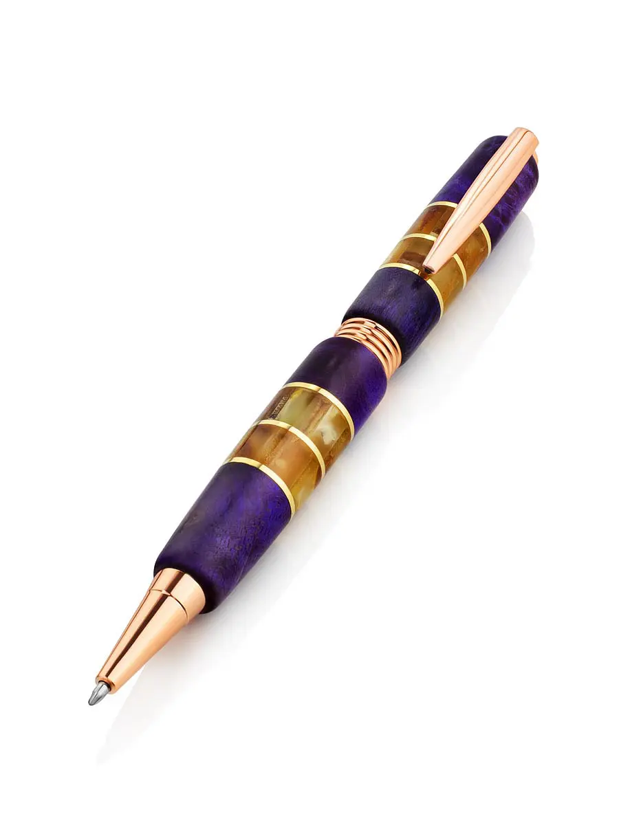 картинка Эффектная ручка из стабилизированного сувеля берёзы, украшенная янтарём в онлайн магазине