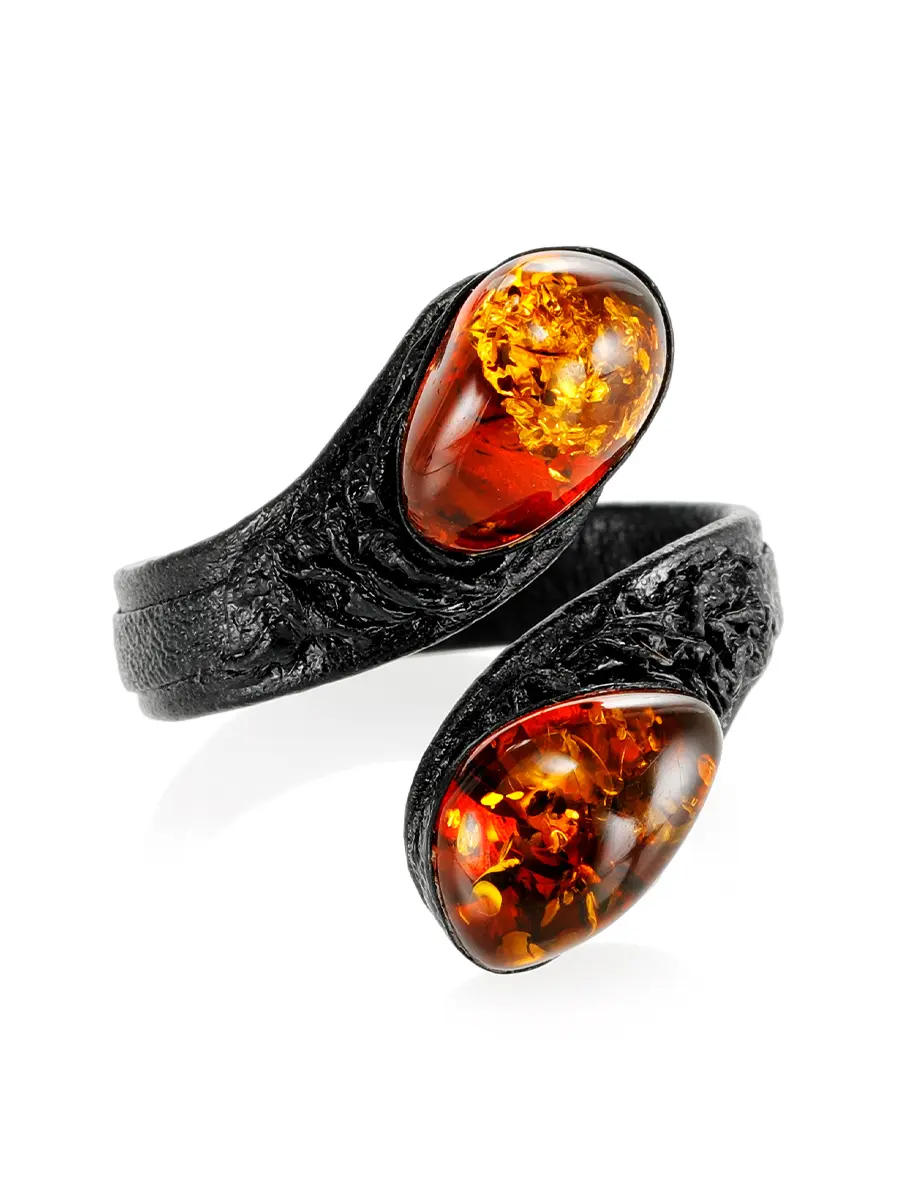 картинка Необычное кольцо-змейка из кожи с искрящимся янтарём «Двойная» в онлайн магазине