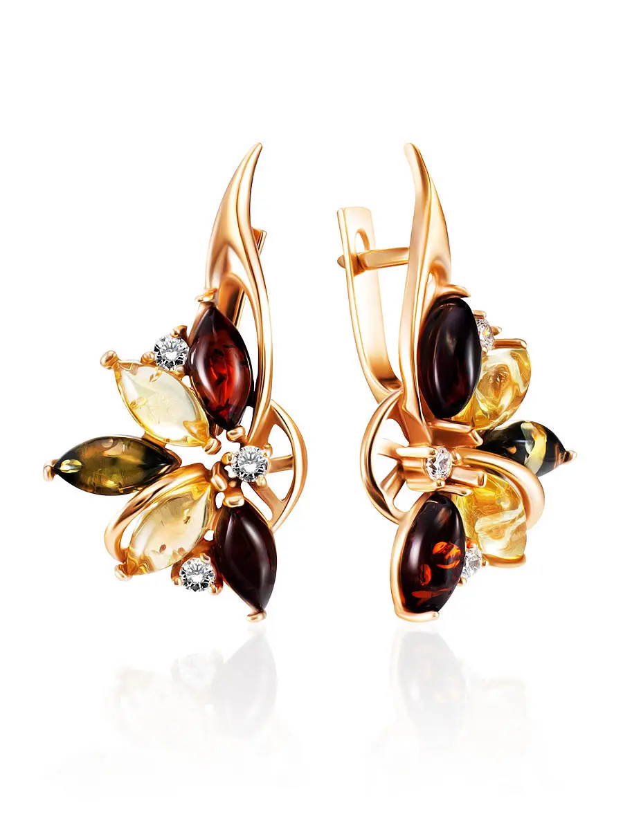 картинка Яркие позолоченные серьги с янтарём и кристаллами «Лотос» в онлайн магазине