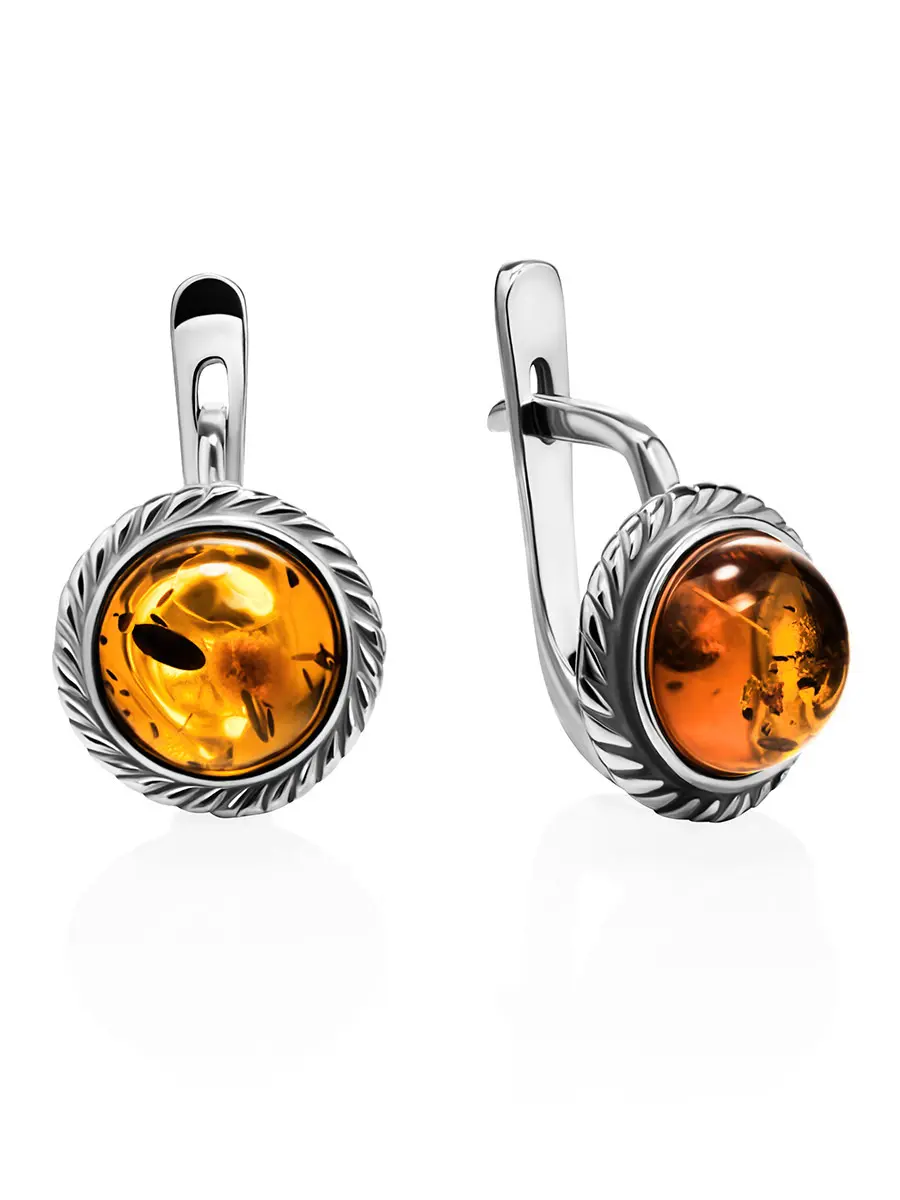 картинка Небольшие круглые серьги «Ампир» из янтаря коньячного цвета в онлайн магазине