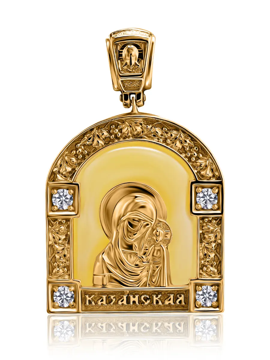 картинка Красивый кулон-образок «Богоматерь Казанская» из янтаря в позолоченной оправе в онлайн магазине