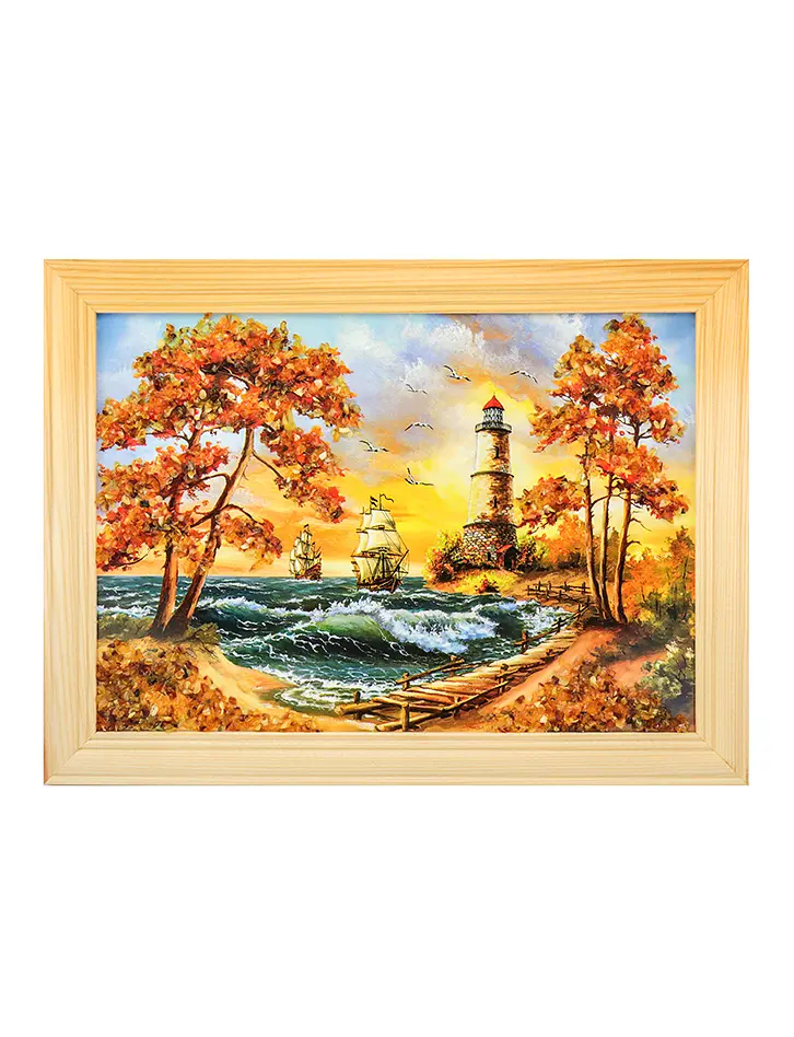 картинка Небольшая картина с натуральным янтарём «Парусники и маяк» 17 (В) х 24 (Ш) в онлайн магазине