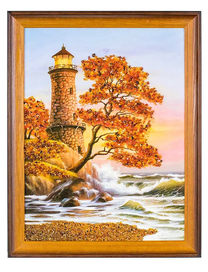 картинка Яркая картина с морским пейзажем, украшенная янтарём «Пурпурный закат» 45 см (В) х 35 см (Ш) в онлайн магазине