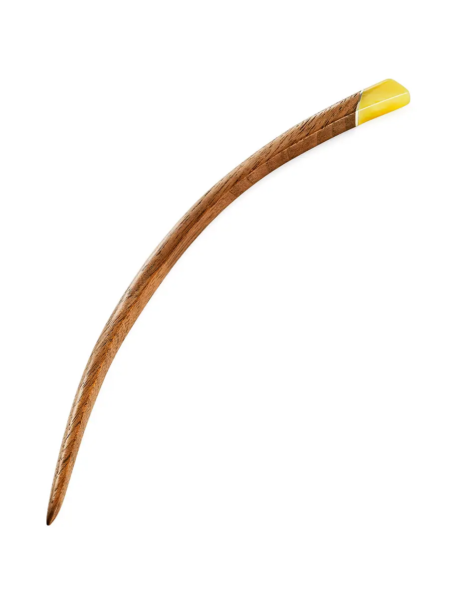 картинка Тонкая изогнутая шпилька для волос из дерева, украшенная янтарём  в онлайн магазине