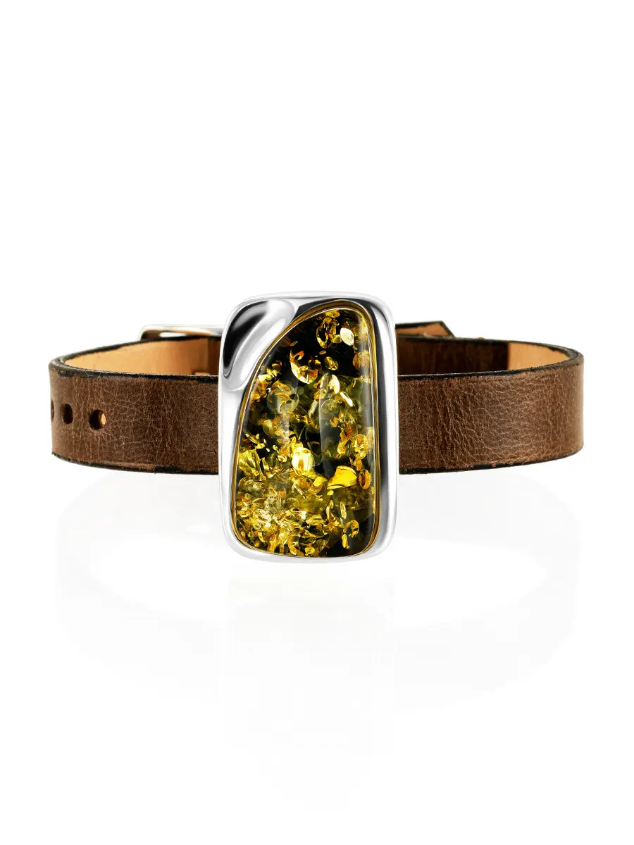 картинка Стильный браслет из кожи с натуральным янтарём «Сильверстоун» в онлайн магазине