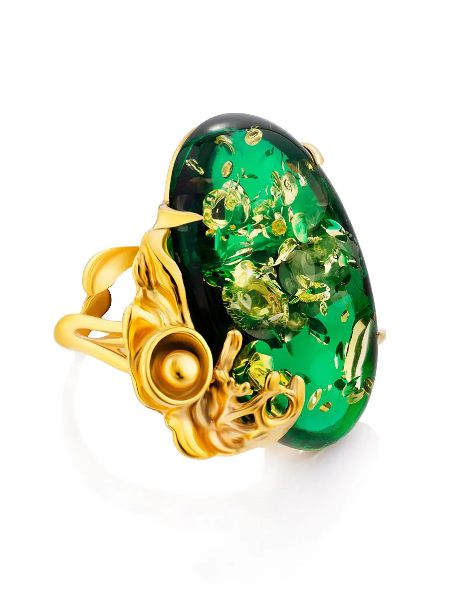 картинка Роскошное кольцо «Версаль» из позолоченного серебра и изумрудного янтаря в онлайн магазине