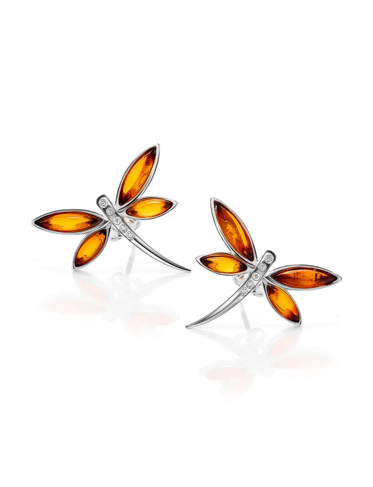 картинка Изящные серебряные серьги-гвоздики с натуральным янтарём «Апрель» в онлайн магазине