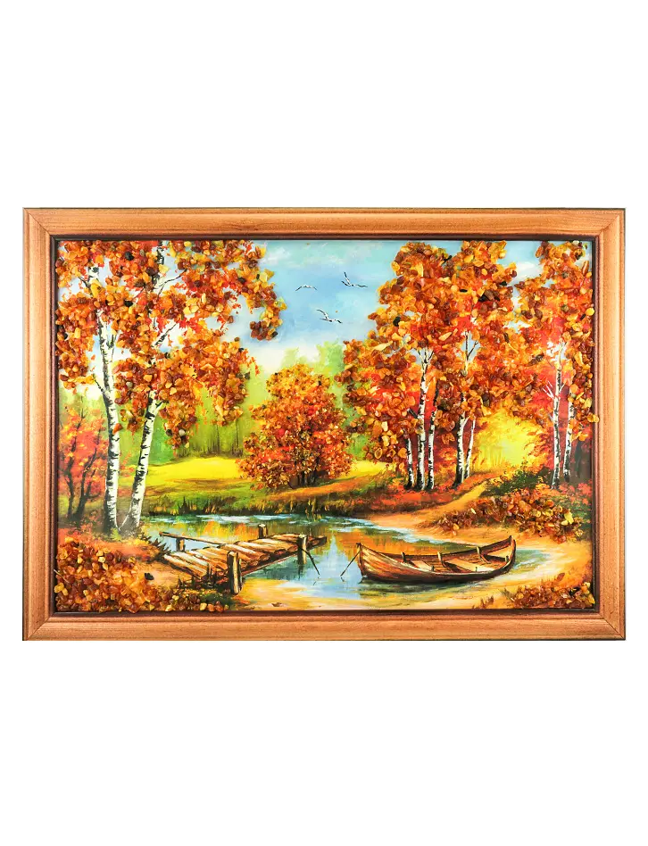 картинка «Речная заводь». Картина горизонтального формата, украшенная янтарем в онлайн магазине