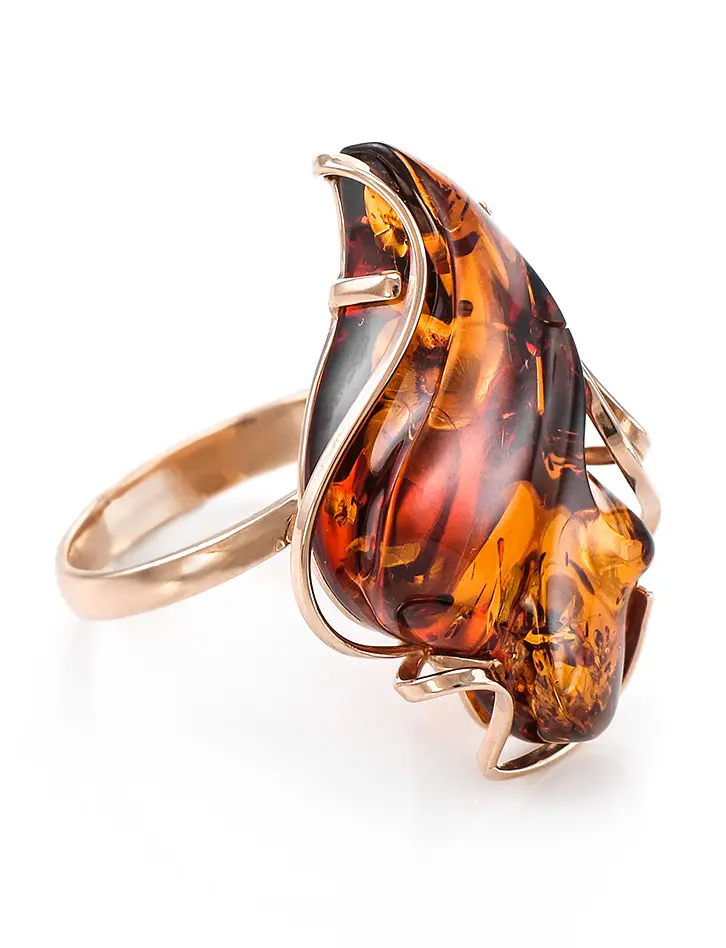 картинка Эксклюзивное кольцо «Риальто» из золота с натуральным коньячным янтарём в онлайн магазине