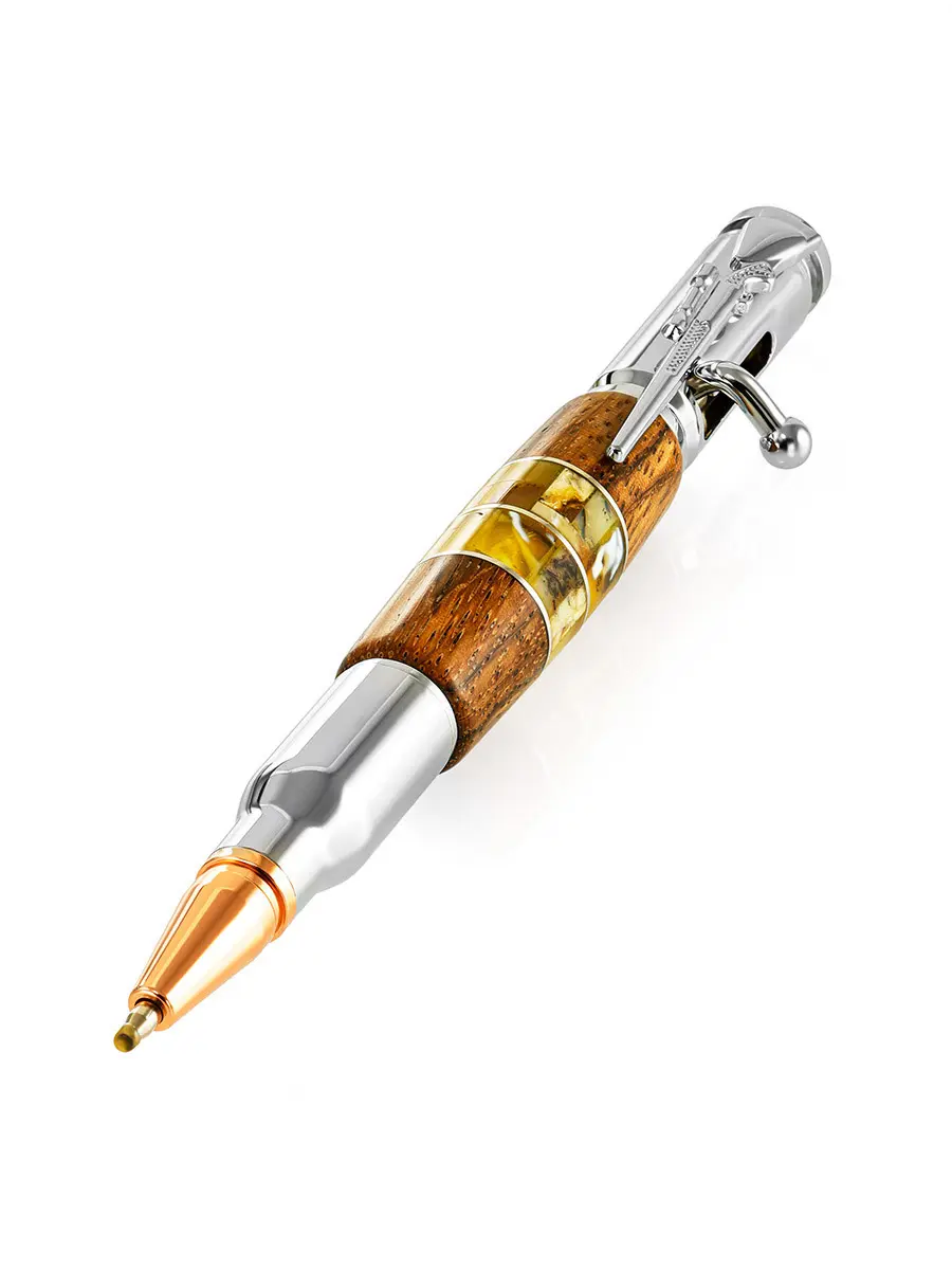 картинка Дизайнерская ручка с натуральным янтарём и деревом в онлайн магазине