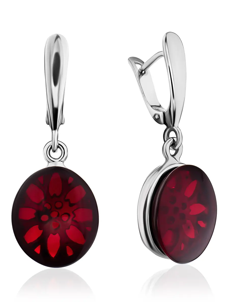 картинка Очаровательные серьги «Сангрил» из серебра и янтаря красного цвета в онлайн магазине