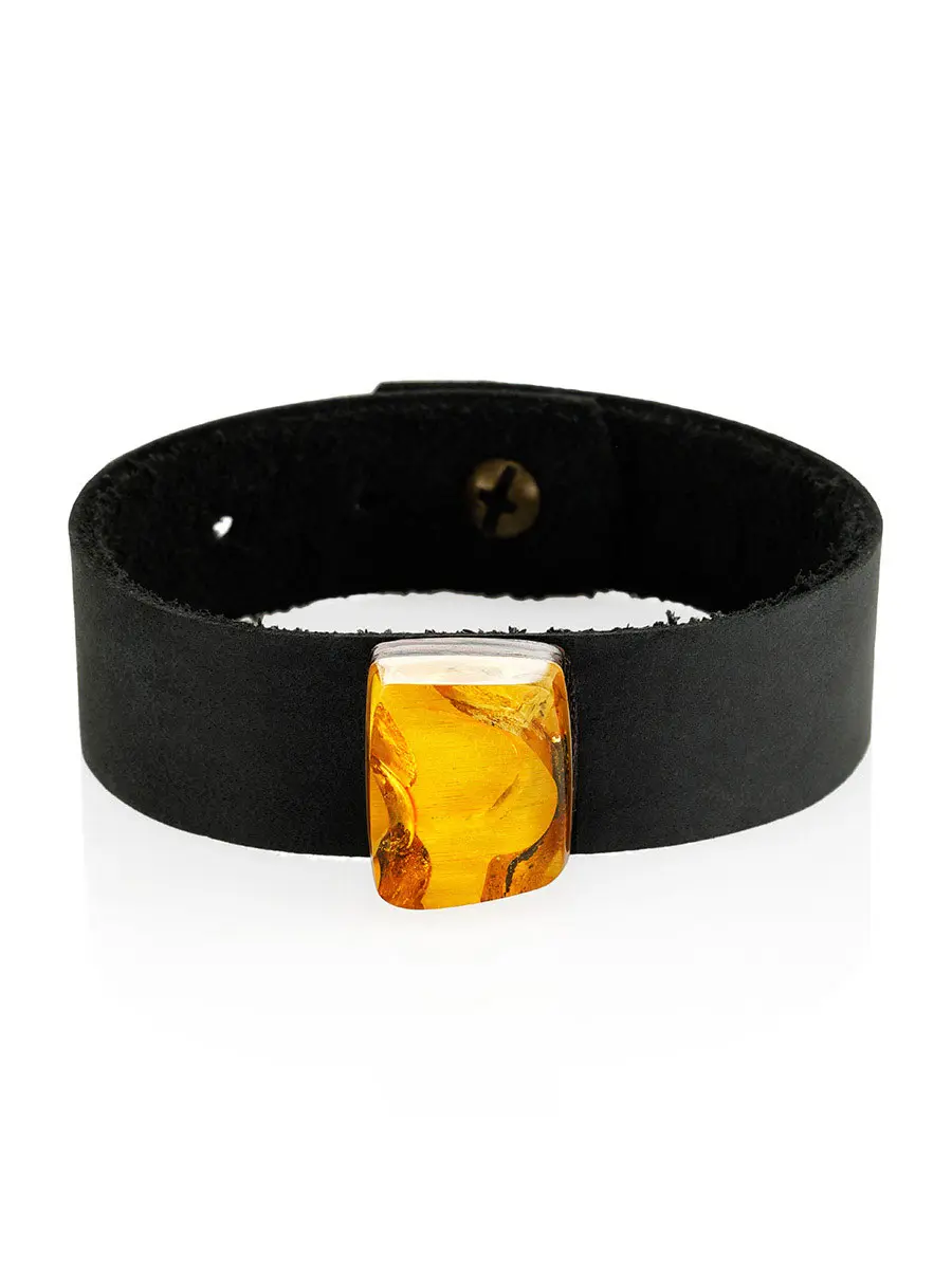 картинка Чёрный кожаный браслет с натуральным балтийским янтарём «Индонезия» в онлайн магазине