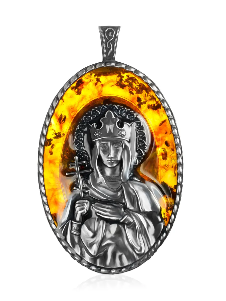картинка «Святая мученица Ирина». Именная икона из янтаря коньячного цвета в серебре в онлайн магазине