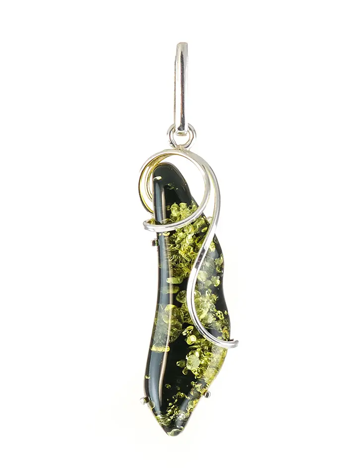 картинка Удлиненный кулон из натурального зеленого янтаря с красивой искрящейся текстурой в серебре «Риальто» в онлайн магазине