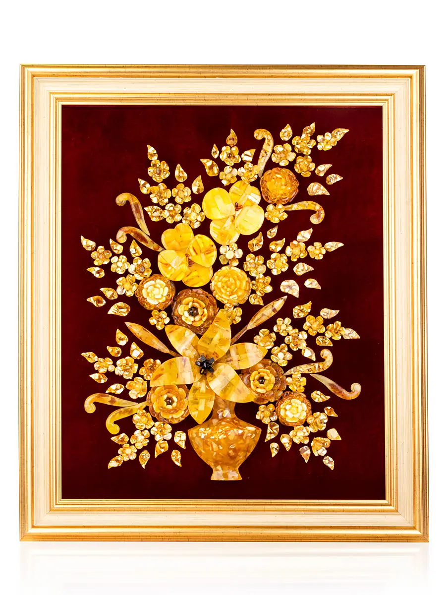 картинка Красивая картина из натурального янтаря на вишнёвом бархате «Цветочная фантазия» 59 см х 49 см в онлайн магазине