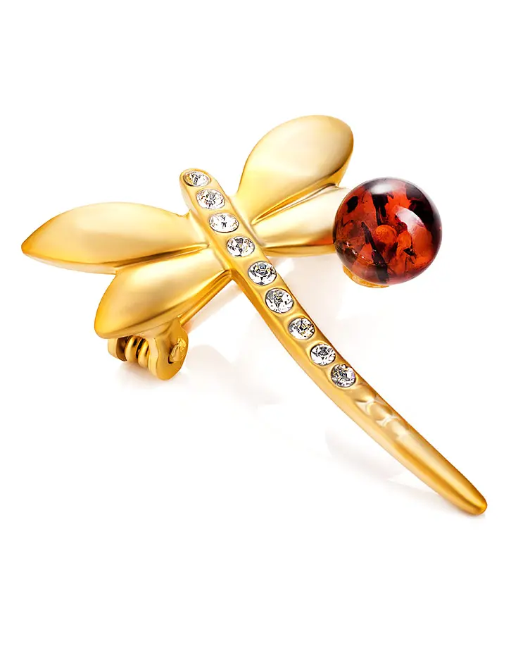 картинка Нежная позолоченная брошь в виде стрекозы с янтарём и кристаллами Beoluna в онлайн магазине