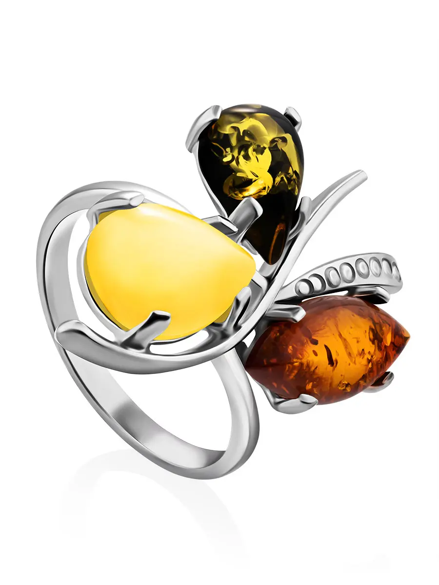 картинка Яркое серебряное кольцо с натуральным балтийским янтарём трёх цветов «Магнолия» в онлайн магазине