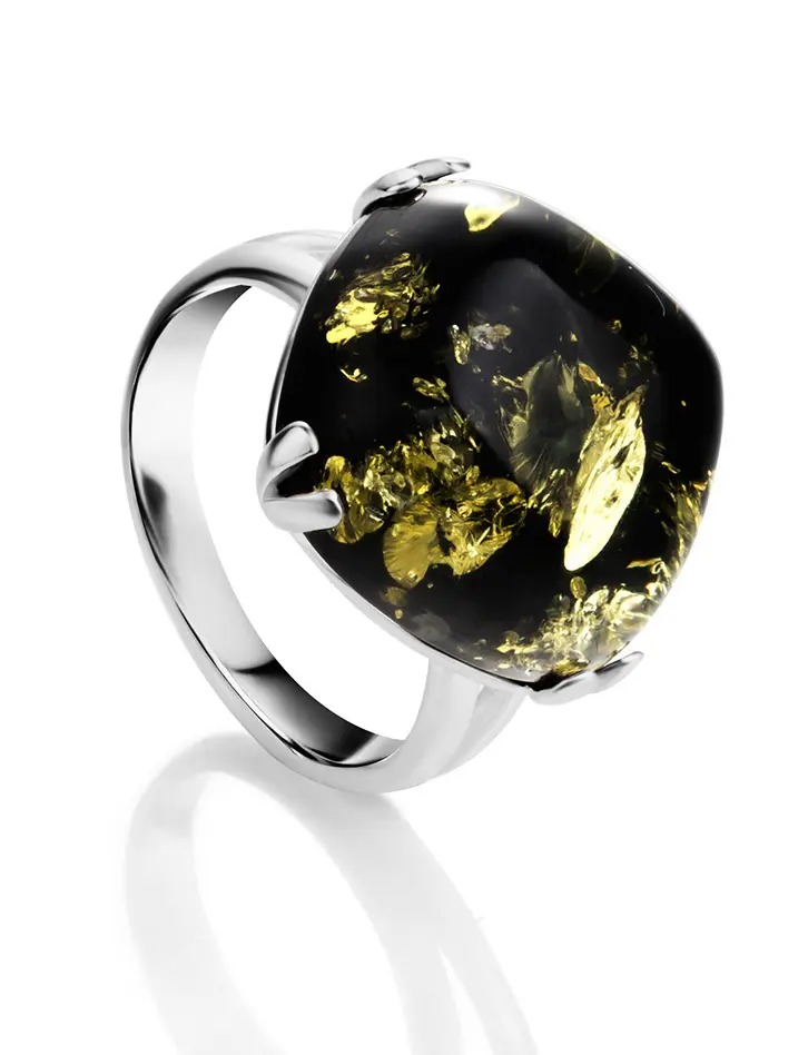 картинка Яркое кольцо с натуральным зелёным янтарём «Византия» крупное в онлайн магазине