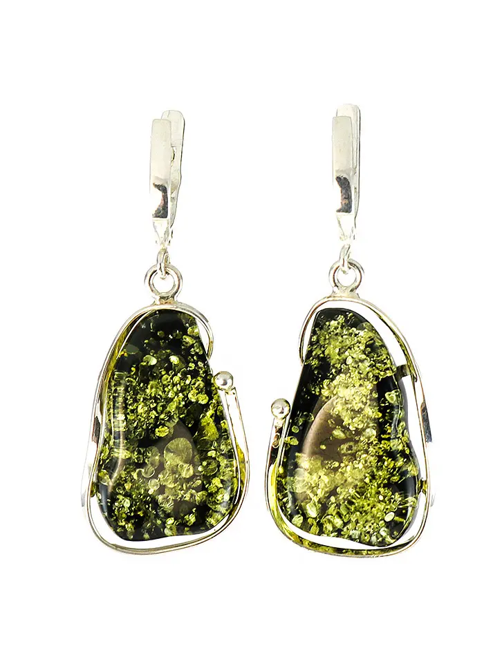 картинка Изящные серебряные серьги со вставками зелёного янтаря цвета«Лагуна» в онлайн магазине