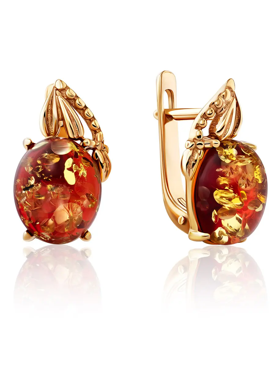 картинка Небольшие изящные серьги из позолоченного серебра и янтаря рубинового оттенка «Кармен» в онлайн магазине