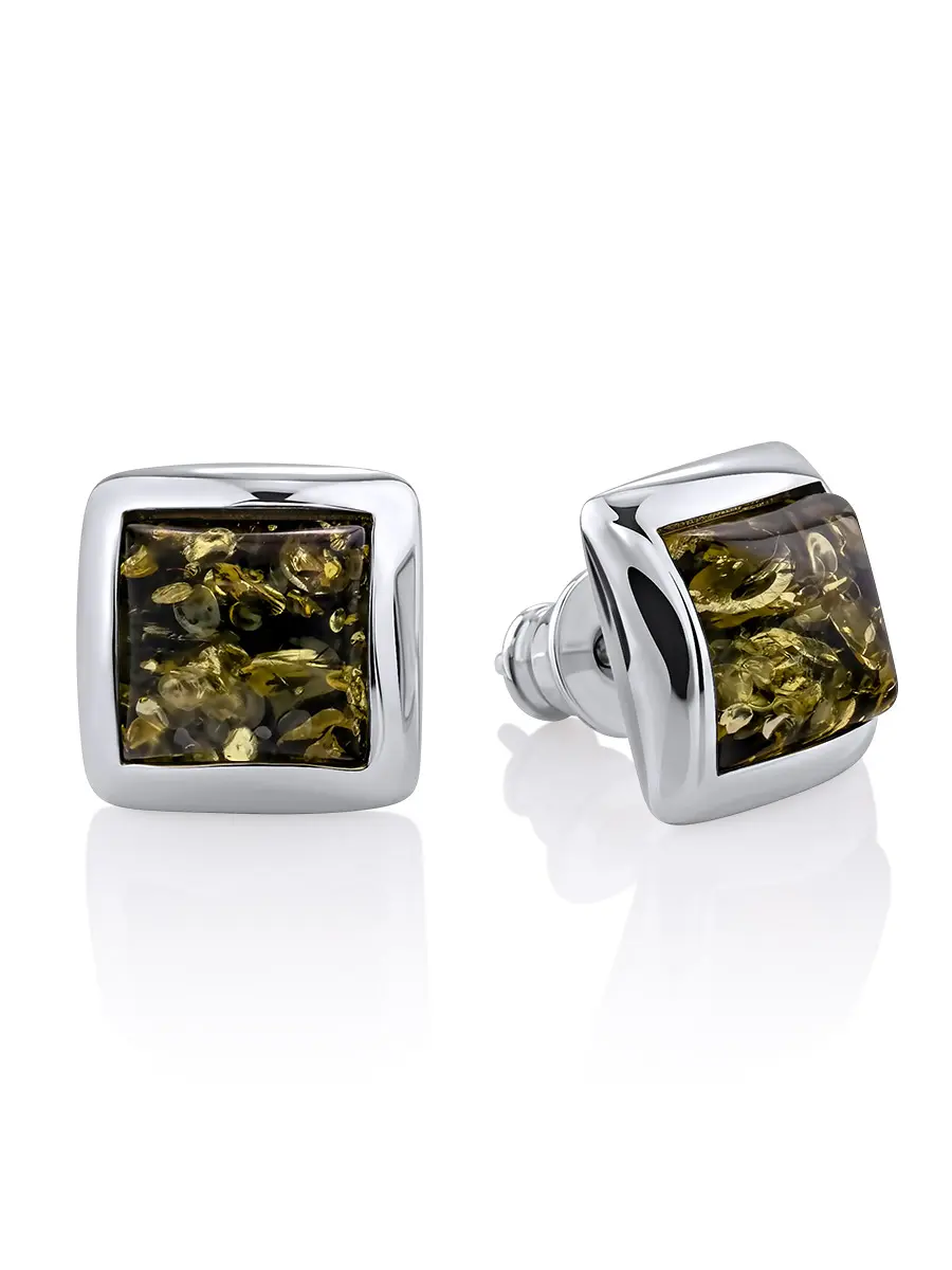 картинка Серьги-гвоздики из серебра и янтаря зелёного цвета «Квадрат» в онлайн магазине