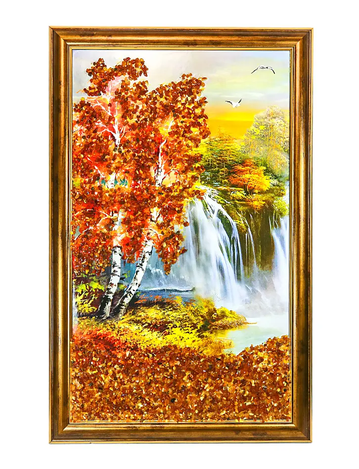 картинка Вертикальное панно с натуральным янтарем «Водопады в осеннем лесу» в онлайн магазине