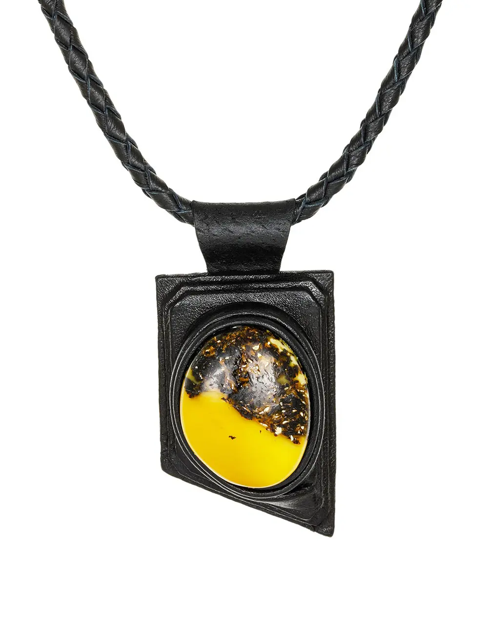 картинка Колье из кожи «Амазонка» с медовым янтарём  в онлайн магазине