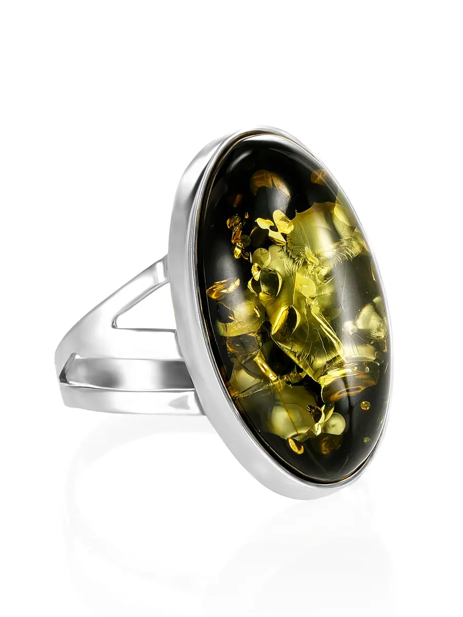 картинка Элегантное овальное кольцо с тёмно-зелёным янтарём «Глянец» в онлайн магазине